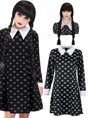 YOOHBERRYS Déguisement Mercredi Pour Enfants, Costume De Mercredi Gothique Avec Lumières, Costume Noir Princesse Fille Avec Perruque, Mercredi Famille Hand, Bas, Collier Pour Halloween (120