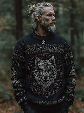 Pull Viking Homme Motif Loup 3D - Sweatshirt Manches Longues Style Médiéval Gothique - Taille Grande - 8