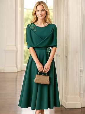 tea green colour dress Dark Green Off Shoulder Tea Length Party Dress, Satin Wedding Party Dresses, Green Formal Dresses