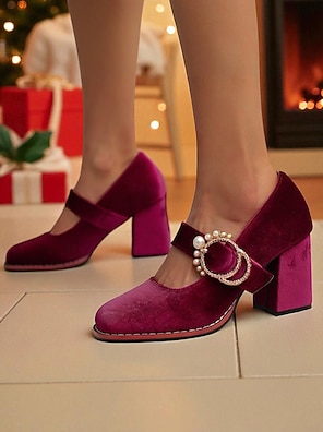pretty little thing burgundy sequin dress Mary Jane shoes Burgundy, Block Heels Shoes main image 1