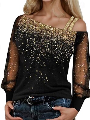Tunika Damen Elegant Pailletten Oberteil Festival Club Bluse Glitzer Shirt Langarm Tunika Elegant Rundhals Glitzer Oberteile Langarmshirt Funkelnd Glitzertop