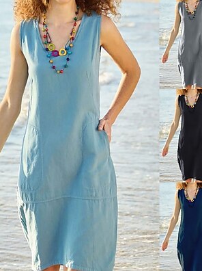 Abito Estivo Corto Da Donna – Scollo A V, Senza Maniche, Canotta, In Poliestere Leggero – Per Spiaggia, Mare, Tempo Libero, Taglio Al Ginocchio