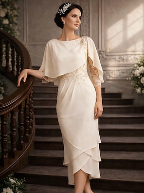 green emerald velvet dress Daniela Lace Appliques Short Sleeves Tea Length Mother of The Bride Dresses, Champagne