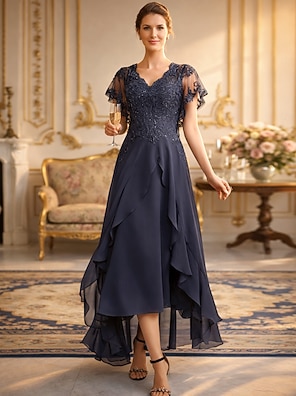 stormy blue mother of the bride dress Mother Of The Bride Dresses Stormy V-Neck A-Line Half Sleeves Ruched Zipper Long Chiffon Mother Of The Bride Dress main image 1