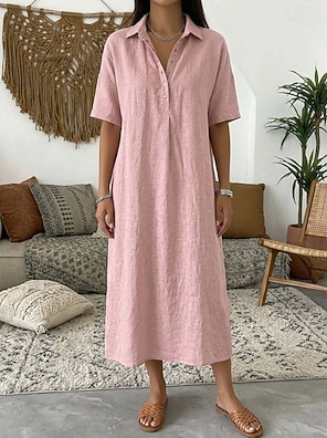 Zomerjurk voor dames, linnen jurk, casual, V-hals, midi-jurk