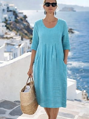 TDEOK Linnen blousejurk voor dames, zomer, linnen jurk, V-hals, korte mouwen, zomerjurk, midi-jurk, licht en luchtig, strandjurk, knielang, elegante wikkeljurk, midi-linnen jurk, grote maten, blauw, L