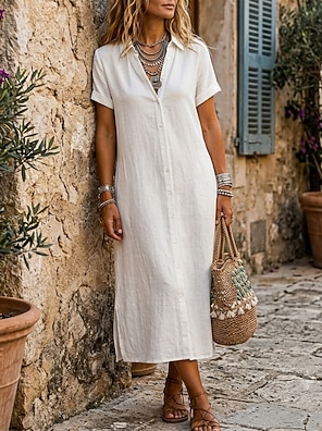 white cotton knee length dress women White Frilled Cotton Knee Length Bohemian Dress 46" / Petite (5'1" and below)