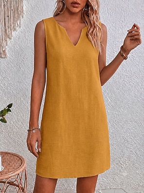 short sleeve casual solid color dresses from lightinthebox Women's Women's Summer Dress V Neck Cotton Linen Summer Dress Women Blue, blue, S Fashion Summer Dresses| Variety of selections