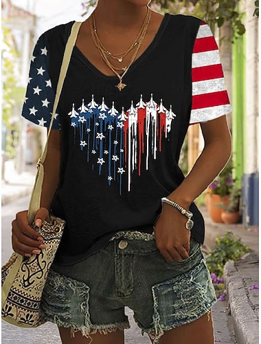 Onafhankelijkheidsdag Patriottische Shirt Dames T-shirt Grafische Vlag Vintage Stijlvol Klassiek Korte Mouwen V-hals Reguliere Tops Dagelijkse Weekend Print Zwart Wit Rood Blauw Zomer