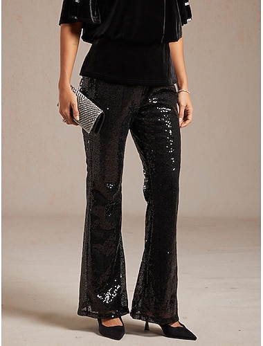 Dames Bell Bottom Elegant Volledige lengte Medium Taille Pailletten Rekbaar Feest Avondje uit & Speciale gelegenheid Cocktailparty Zwart Zomer Lente Herfst Winter Normale pasvorm