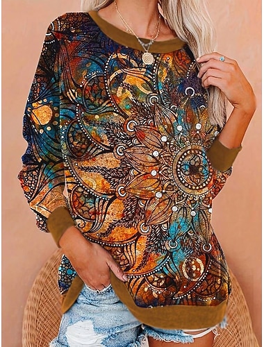Dames Trui-sweatshirt Afdrukken Grafisch Tribal Modieus Casual Lange mouw Strakke ronde hals Normale tops Straat Dagelijks gebruik Bruin Herfst Winter