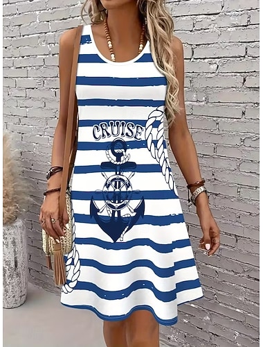 Dames Knielengte jurk Zonnejurk A lijn jurk Off-the-shoulder jurk Vakantie Casual Boho Strand Feestdagen Normale pasvorm Grafisch Geometrisch Streep Mouwloos Strakke ronde hals Ronde hals blauw Zomer