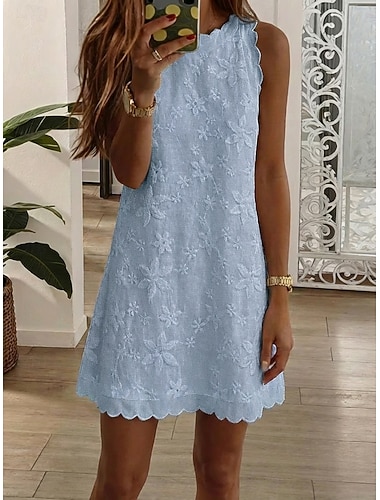 Dames Mini-jurk Kanten jurk Witte jurk Elegant Strand Vakantie Feestdagen Normale pasvorm Bloemig Mouwloos Strakke ronde hals blauw Zwart Wit Blozend Roze Zomer Lente