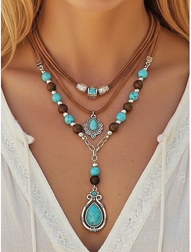 Dameskettingenset in bohemian stijl met legering en turkoois, een gelaagd statement sieraad voor strandvakanties, resortkleding, casual zomeroutfits en alledaagse boho-stijlen.
