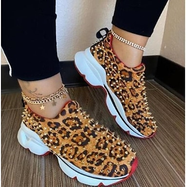Armfre Womens Leopard Carvas Flat Shoes Rivet Rubber Sole Lace up Platforms Sneakers Street Fashion Lightweight Flat Heel Casual Walking Shoes 