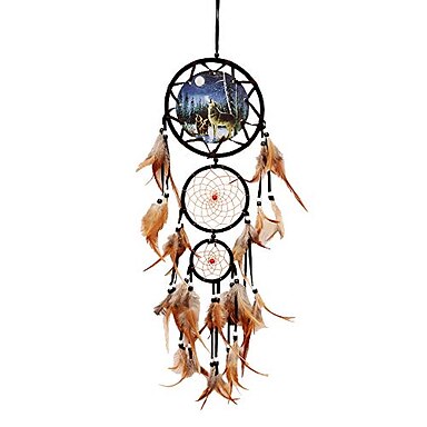 Handmade Wolf Print Dream Catcher with Feathers Wall Hanging Decoration Ornament 