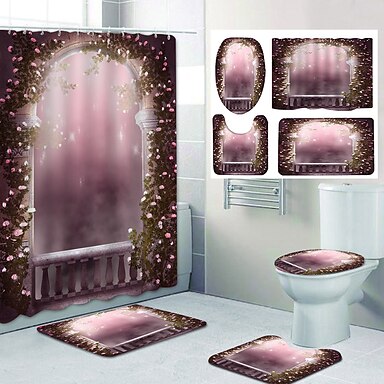 Dream Blue Butterfly Flowers Shower Curtain Set Waterproof Fabric Bathroom Mat 