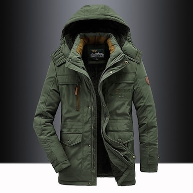 Mens Winter Military Warm Jacket Fleece Coat with Detachable Fur Hood Outwear Army Green 