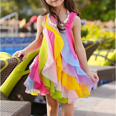Girls Princess Sweet Rainbow Color Sleeveless Strap Drapes Beach Dresses UK_ HK 