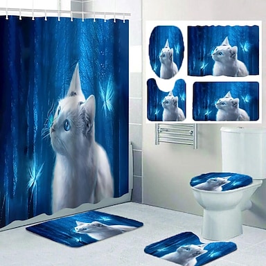 4Pcs Art Running Horse Shower Curtain Bathroom Soft Bath Mat Toilet Cover Rugs 