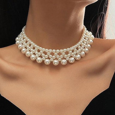 ELFTUNE Big White Round Faux Pearls Tassel Pendant Women Beads Cluster Strand Chain Long Choker Necklace 