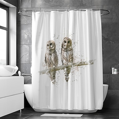Owl Bathroom Shower Curtain Waterproof Bathtub Fabric Hook Mould Proof Decor DIY 