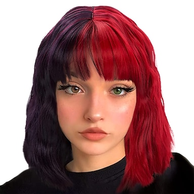 Red And Dark Purple Wave Head Wig With Bangs Short Curly Hair Wig Suitable For Ladies Wavy Length Bright Color Synthetic Hair Suitable For Ladies And Girls 22 19 49