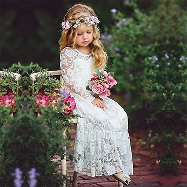 Kids Girls' Sweet Boho Party White Jacquard Lace Flower Long Sleeve Maxi Dress White