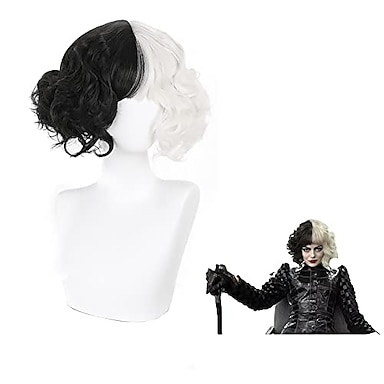 2021 Cruella Deville Wig Half Black and White Wigs Short Curly Wavy Bob Hair Halloween Costume Women Girl Role Cosplay Party Heat Resistant Synthetic Wigs