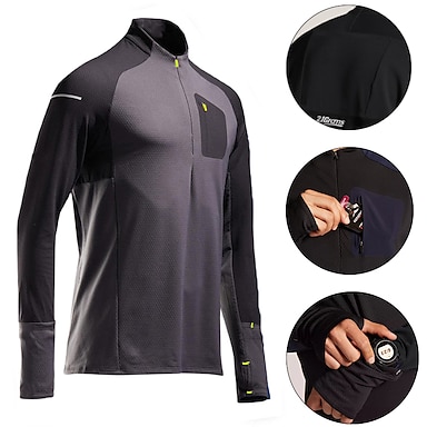 21Grams® FIT Men's Long Sleeve Running Shirt Thumbhole Zipper Pocket Top Athletic Winter Spandex Warm Breathable Quick Dry Gym Workout Running Jogging Sportswear Color Block Navy Blue Black+Gray