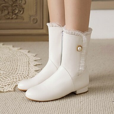Girls Mid Calf Faux Leather Boots Perforated Cut Out Flower Ankle Boots Kids 