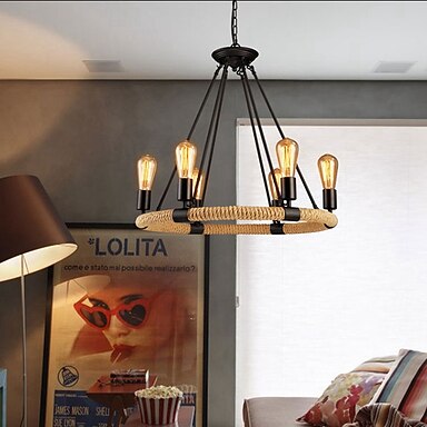 16-Light Retro Industrial Hemp Rope Chandelier Wrought Iron Pendant Ceiling Lamp 
