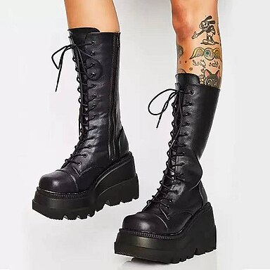 Womens faux leather Block High Heels Lace Up Combat Gothic Mid Calf Boots Shoes