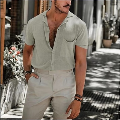 PJ Men's Casual Button-down Tops Short Sleeve Loose Party Lapel Collar Shirts 