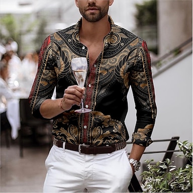 Men Vintage Classic Casual Shirt Slim Fit Print Party Club Shirt Luxury ...