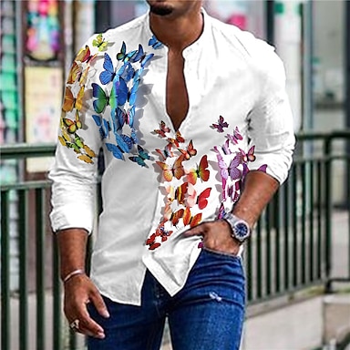 Fashion Shirt Mens Business Poster Print Casual Long Sleeve Shirt 