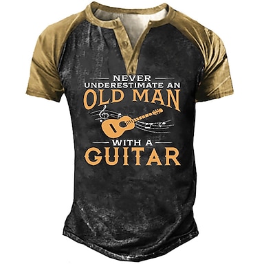 Men's T shirt Tee Henley Shirt Tee Graphic Color Block Guitar Henley Black Brown Green 3D Print Casual Daily Short Sleeve Button-Down Print Clothing Apparel Sports Fashion Stylish Vintage