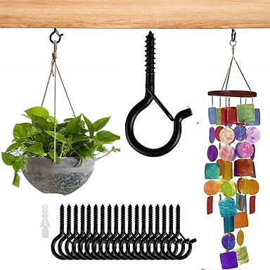 20 Pcs Q Hanger Hooks for Outdoor Lights Party Decor Bird Feeder Wind Chime Wire Cup Christmas String Light Screw Hook Metal with Safety Windproof Buckle for Garden Wall Hanging Plant Bracket 