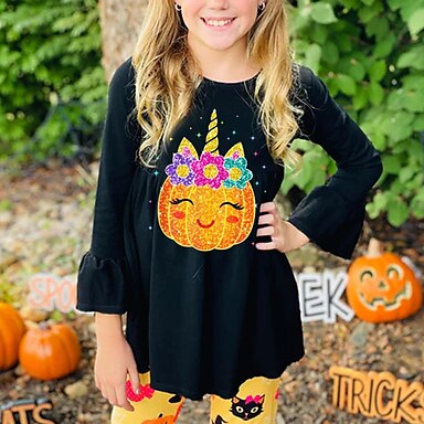 Baby Kids Girl Unicorn Halloween Pumpkin Car Print Ruffle Polka Dot Long Sleeve Cotton T-Shirt Top Outfits Yellow, 5T 