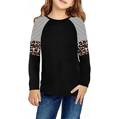 Lcucyes Girl's Long Sleeve Tops Black Leopard Print Colorblock Patchwork Crew Neck Kids Casual T-Shirt Blouse 