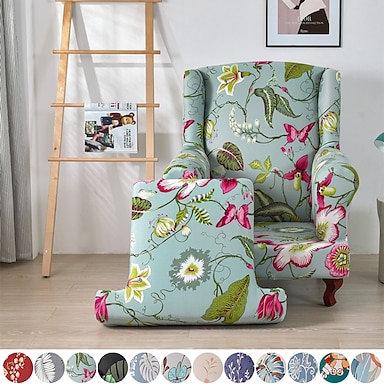 1 Set Of 2 Pieces Stretch Wingback Chair Cover Floral Printed Wing   Bqbfvh1665393964620 