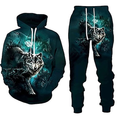 Men's Tracksuit Hoodies Set Blue Hooded Graphic Animal Wolf 2 Piece ...