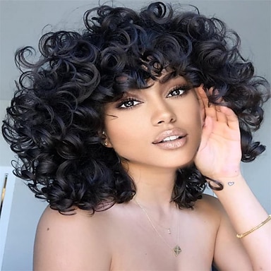 Short Curly Wigs for Black Women 14'' Black Big Curly Wig with Bangs Afro  Kinky Soft Curls Hair Replacement Wig Heat Resistant Natural Looking  Synthetic Wig (Big Curly) 9438342 2023 – $