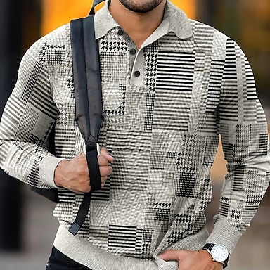 Men's Plaid Waffle Polo Shirts Golf Shirt Long Sleeve Polo Shirts Collared Shirts Vintage Casual Vacation Wear Formal Wear Festival Wear Buttons 3D Pr