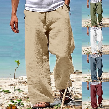 Men's Linen Pants Trousers Summer Pants Beach Pants Drawstring Elastic ...