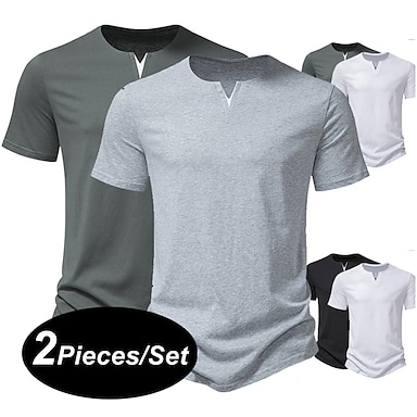 2pcs Men's T shirt Tee Tee Top Plain V Neck Street Vacation Short ...