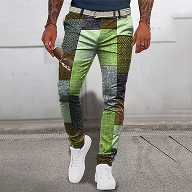 Plaid Geometry Business Men's 3D Print Pants Trousers Outdoor Street Wear to work Polyester Yellow Blue Green S M L Mid Waist Elasticity Pants