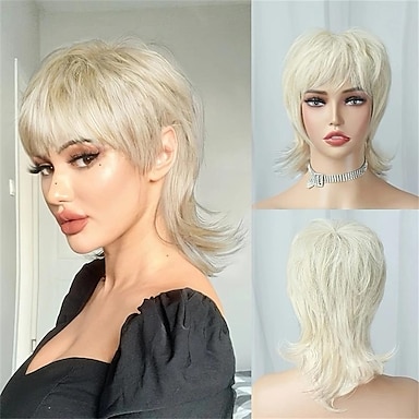 Short Blonde Wig Shaggy Layered 80s Mullet Wig Pixie Cut Wig with Bangs Curly Synthetic Natural Fake Hair Replacement Wigs for Women Daily Party