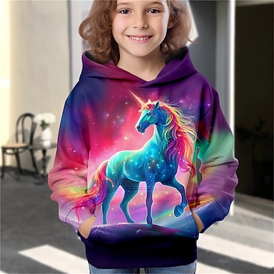 Girls 3D Unicorn Hoodie Pullover Long Sleeve 3D Print Fall Winter Active Fashion Cute Polyester Kids 3 12 Years Outdoor Casual Daily Regular Fit 2024 15.99