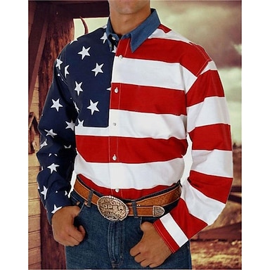 American Flag Western Style Men s Button Up Shirt Western Shirt Long Sleeve Casual Daily Fall Winter Collared Shirts 3D Print Front Pocket Thin Black White Red Blue Polyester 2024 29.99